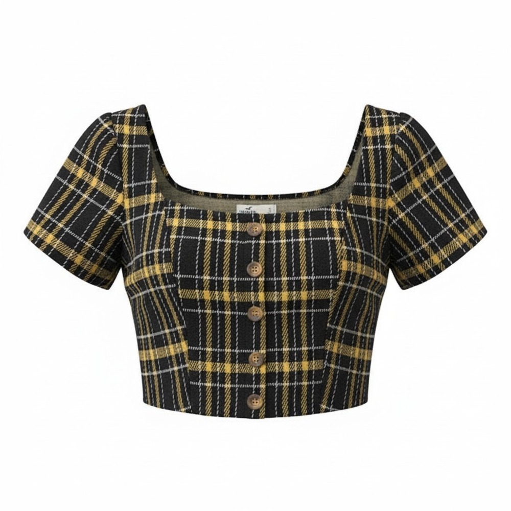 Hollister Womens Plaid Faux Button Crop Top Polyester Yellow Black Preppy S